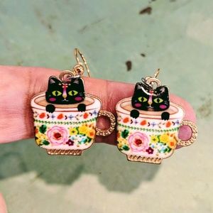 Cats in Cups Earrings Black Cat in White Cup